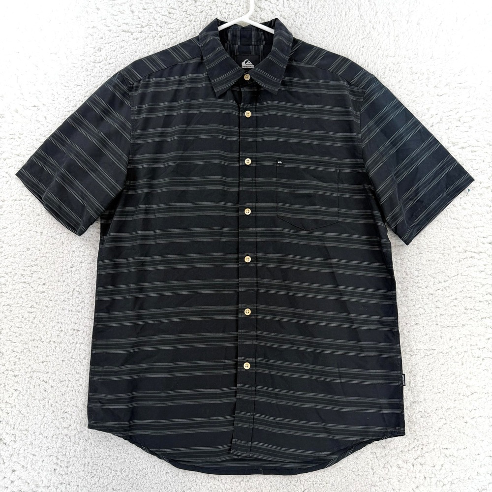 Quiksilver Mens Small Black Striped Short Sleeve Button Up Shirt AQYWT03093